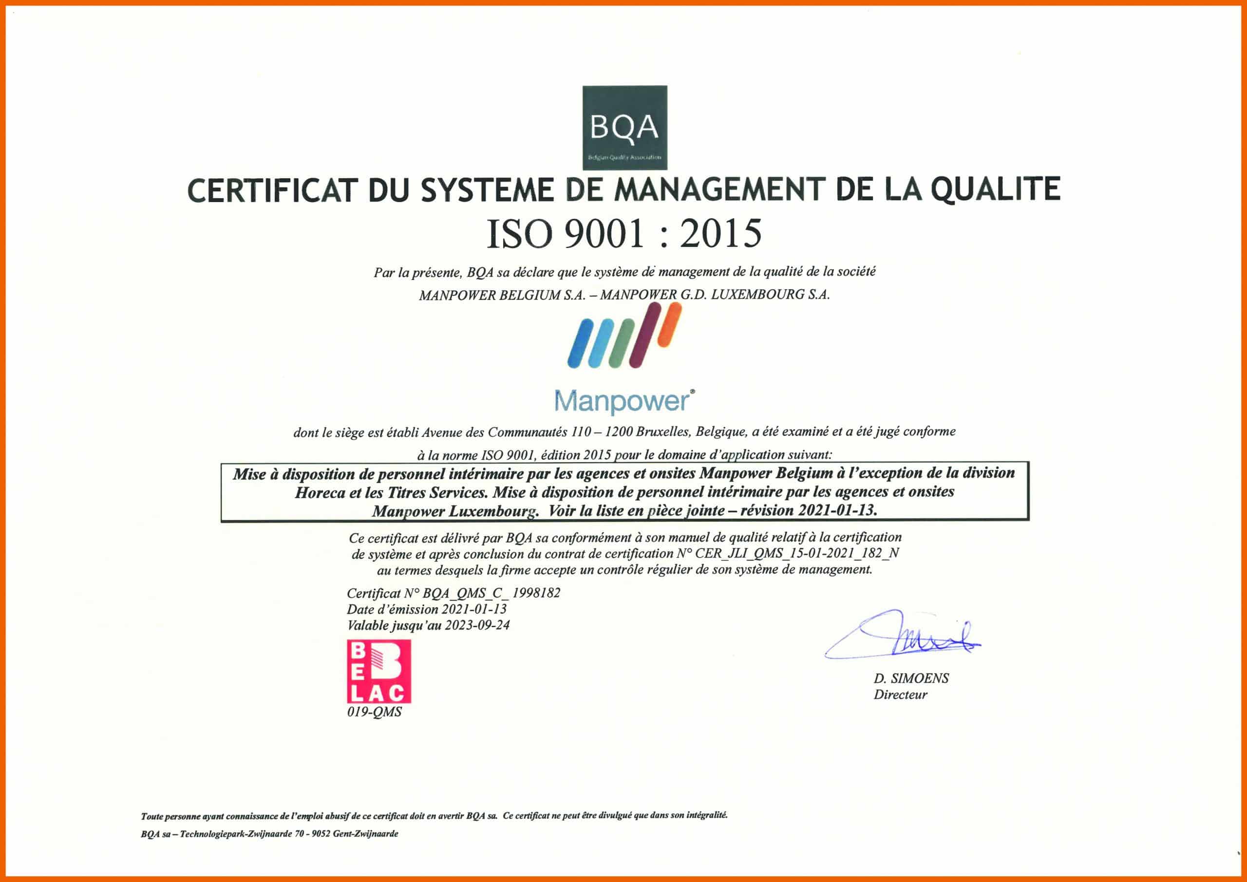 certificat ISO 9001:1998